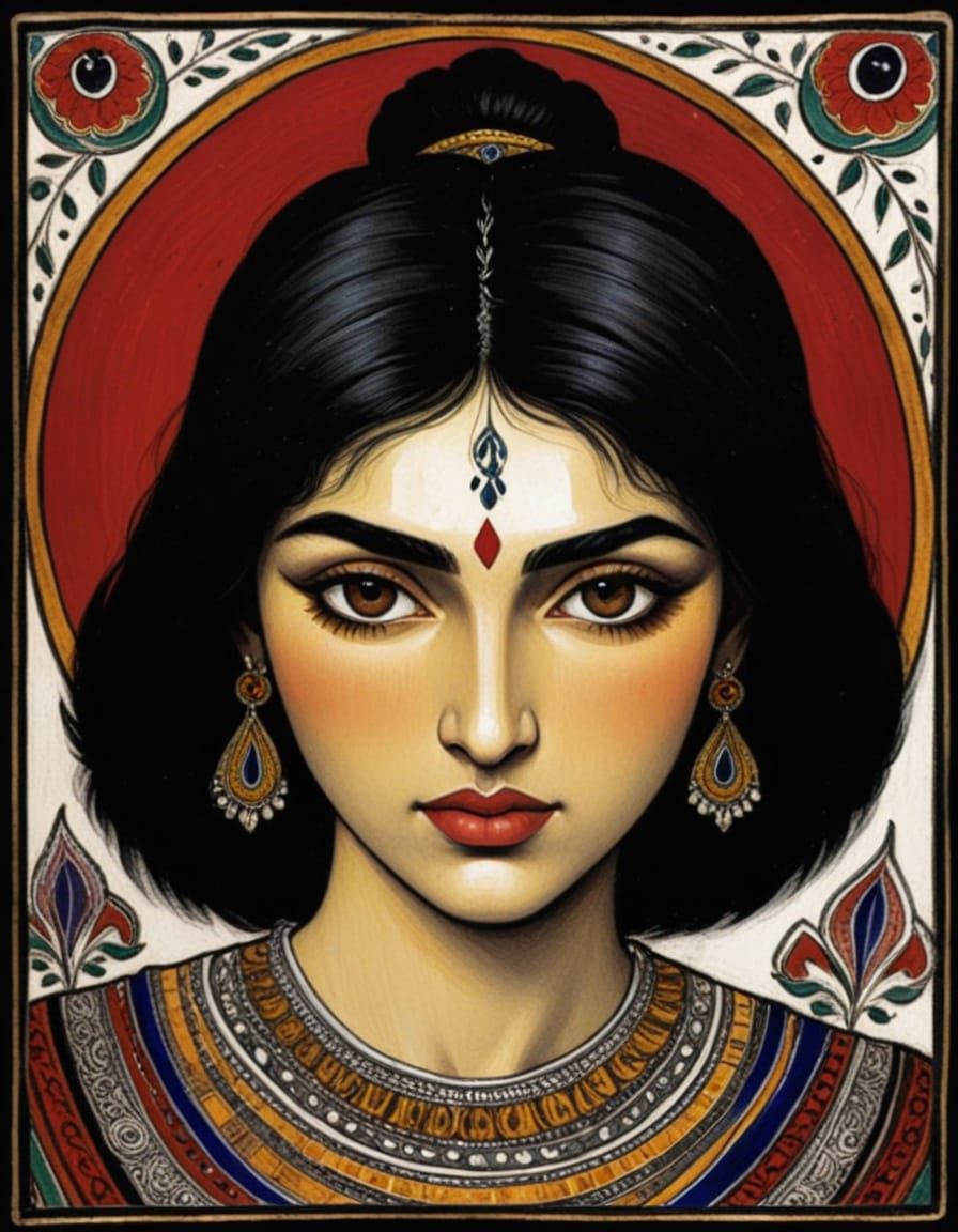 Madhubani Painting Portrait of Irises in Caravaggio Style