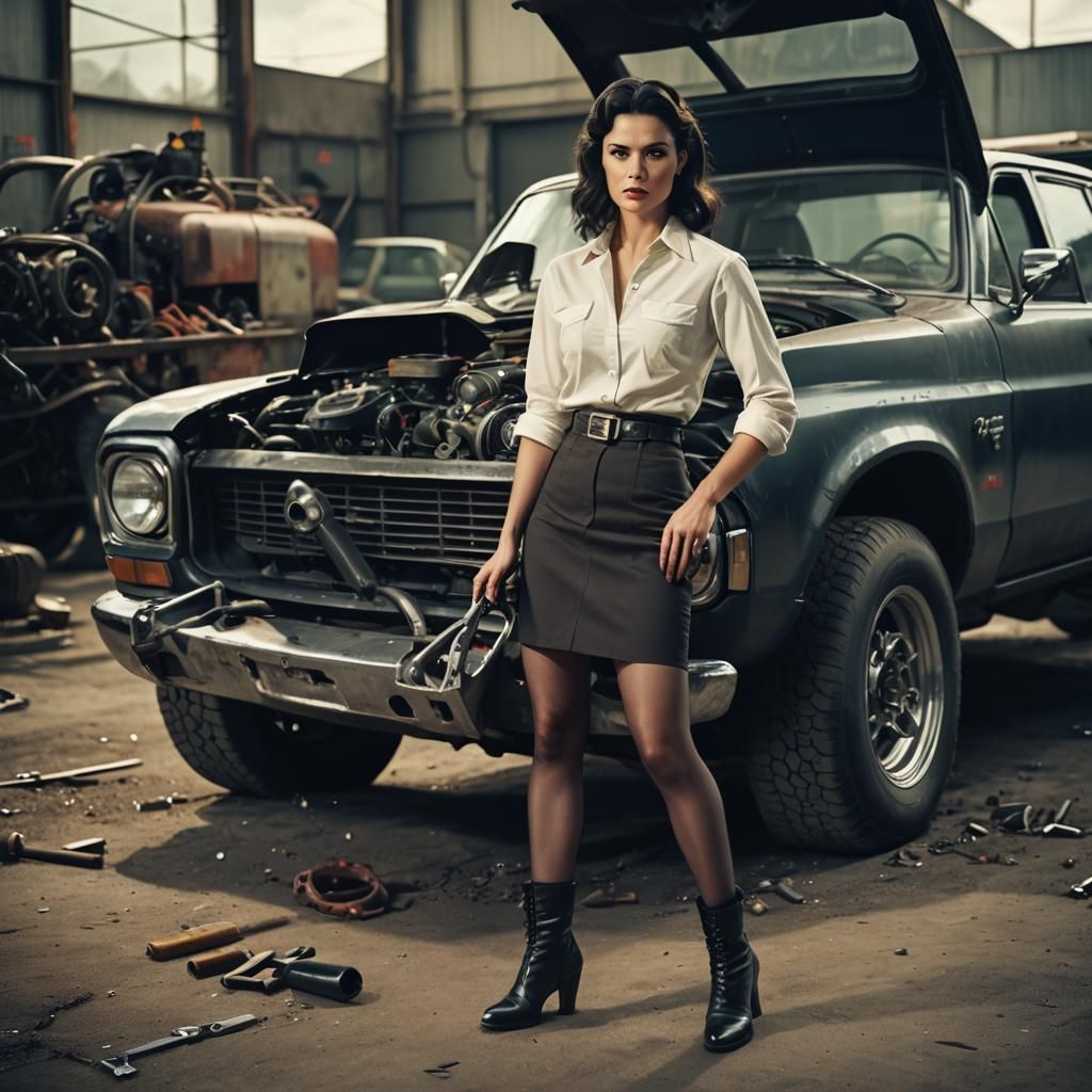 Cinematic Film Still: Female Mechanic with Spanner