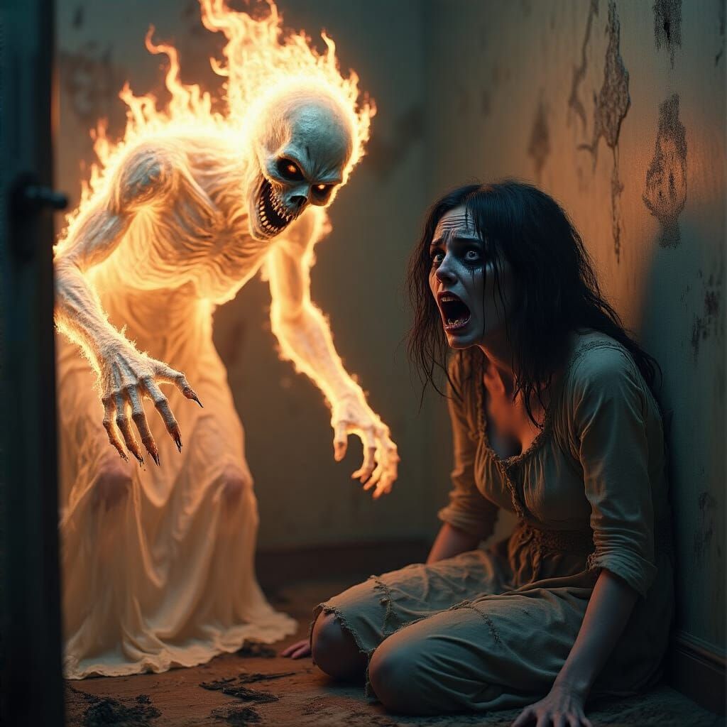 Terrified Woman Enveloped by Ghostly Flames