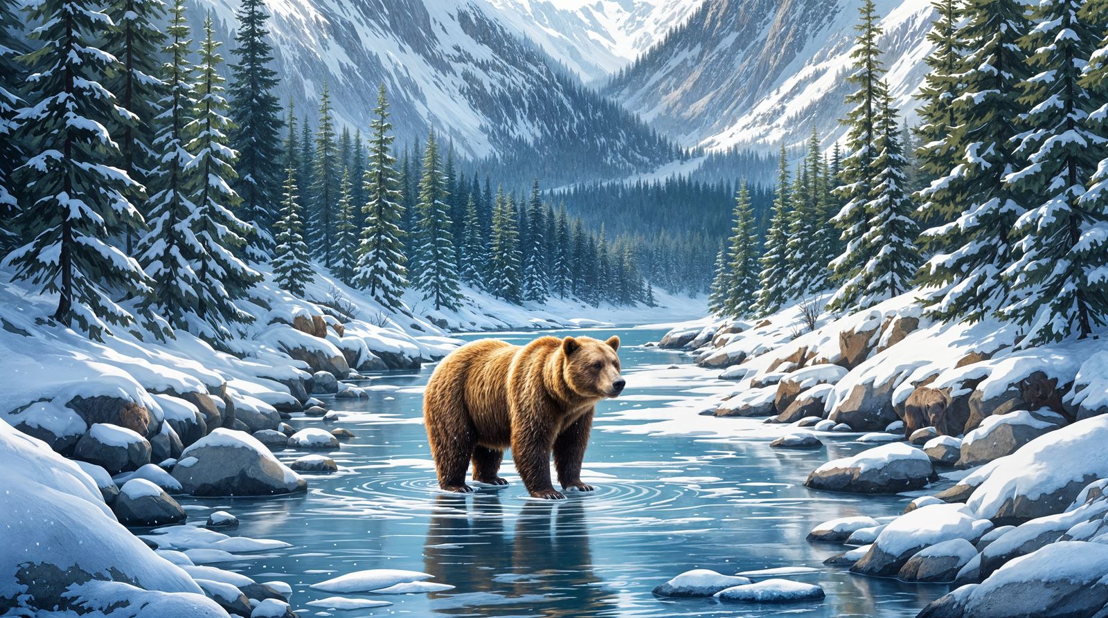Majestic Grizzly Bear in Winter Wilderness