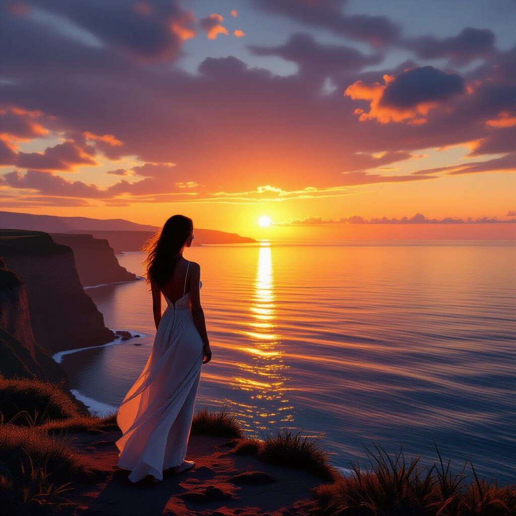 Woman on Cliff Overlooking Ocean at Sunset