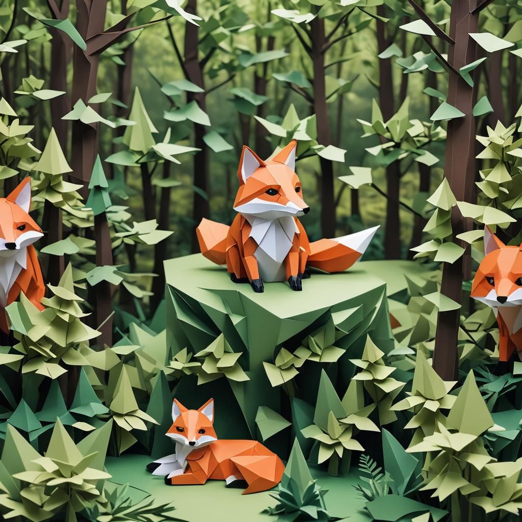 Fox in Forest Origami Papercraft Style