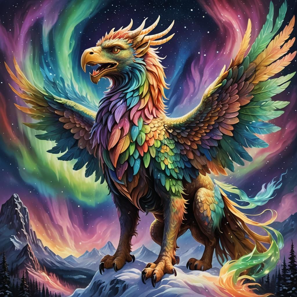 Griffin Amidst Aurora Borealis: A Fantasy Illustration