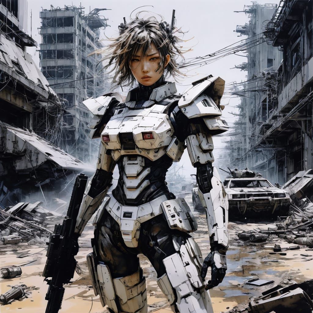Magical Girl in Dystopian Wasteland: Sumie Ink Art
