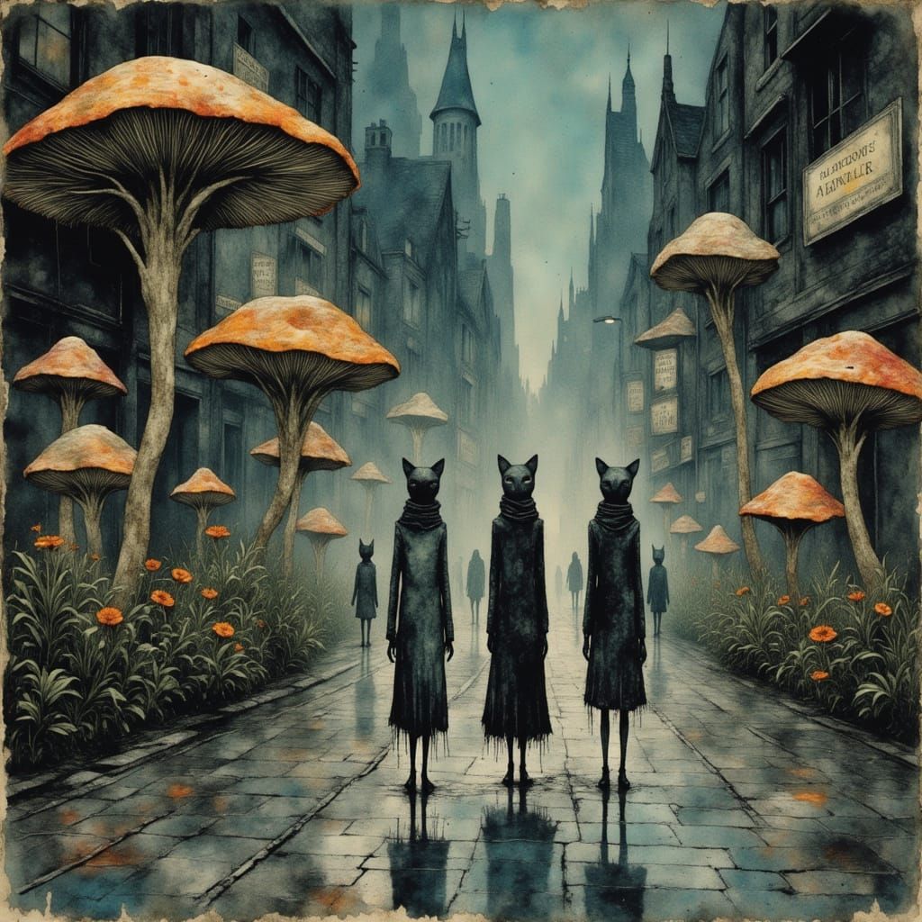 Retro-Futuristic Cityscape with Iridescent Mushrooms and Glo...