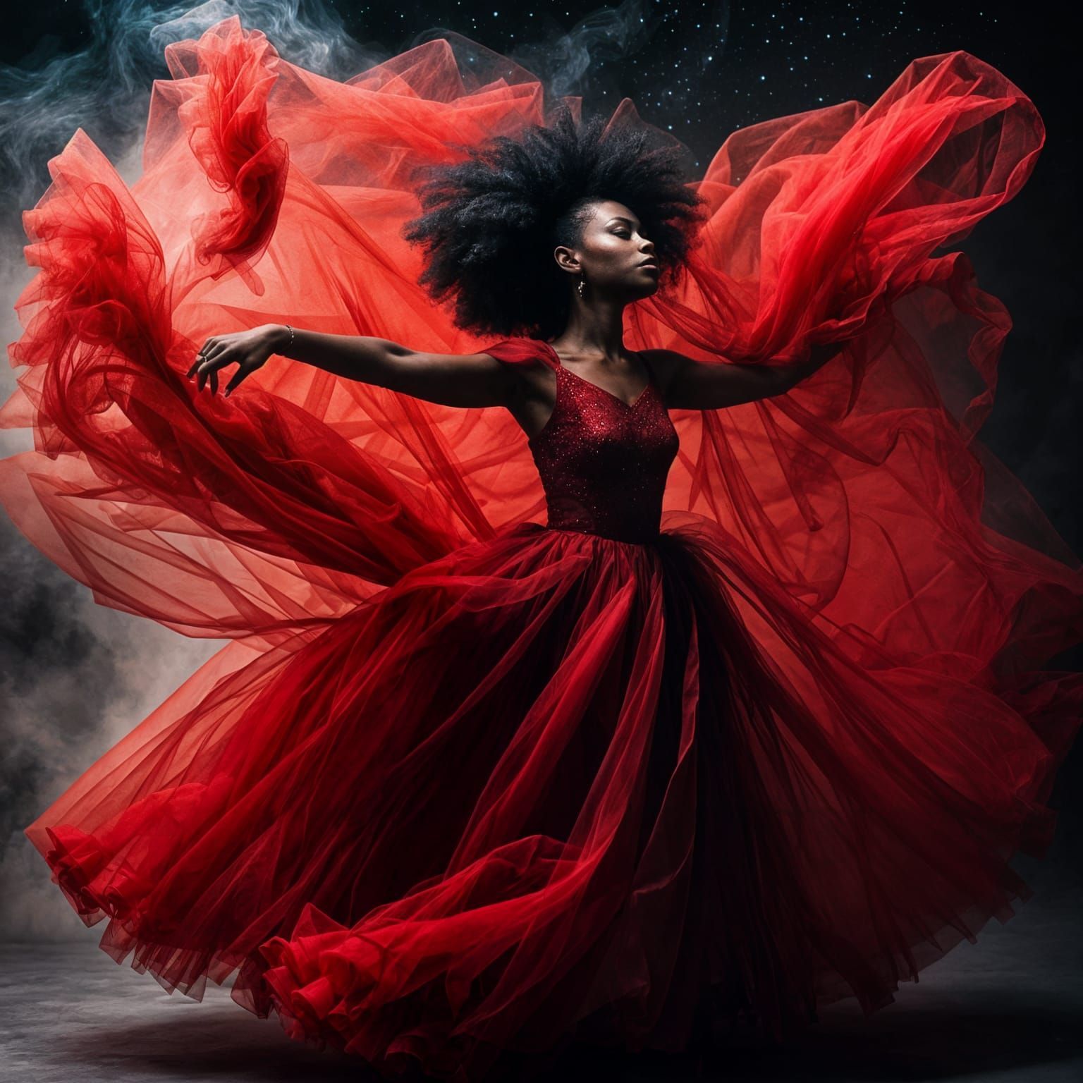 Ethereal Black Women Dancing in Smoky Universe