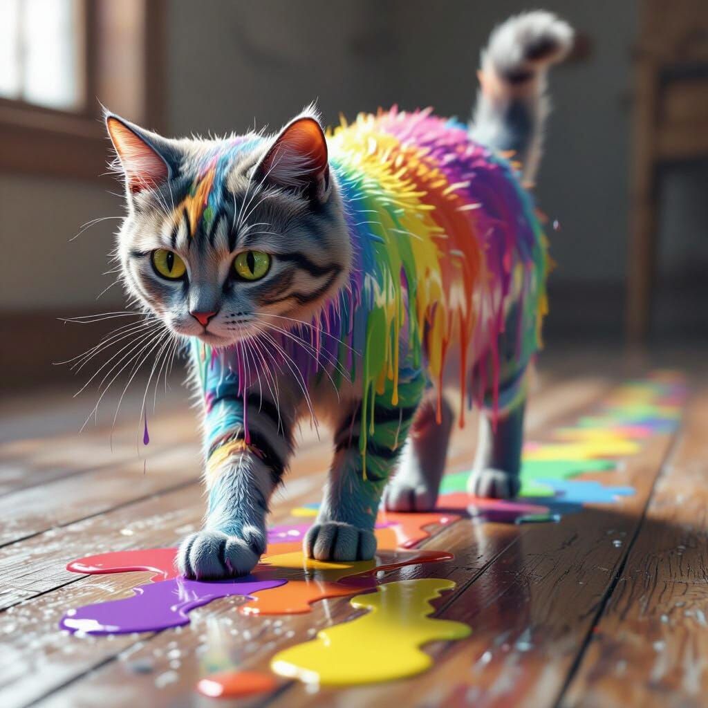 Rainbow Paint Cat Walking on Wooden Floor