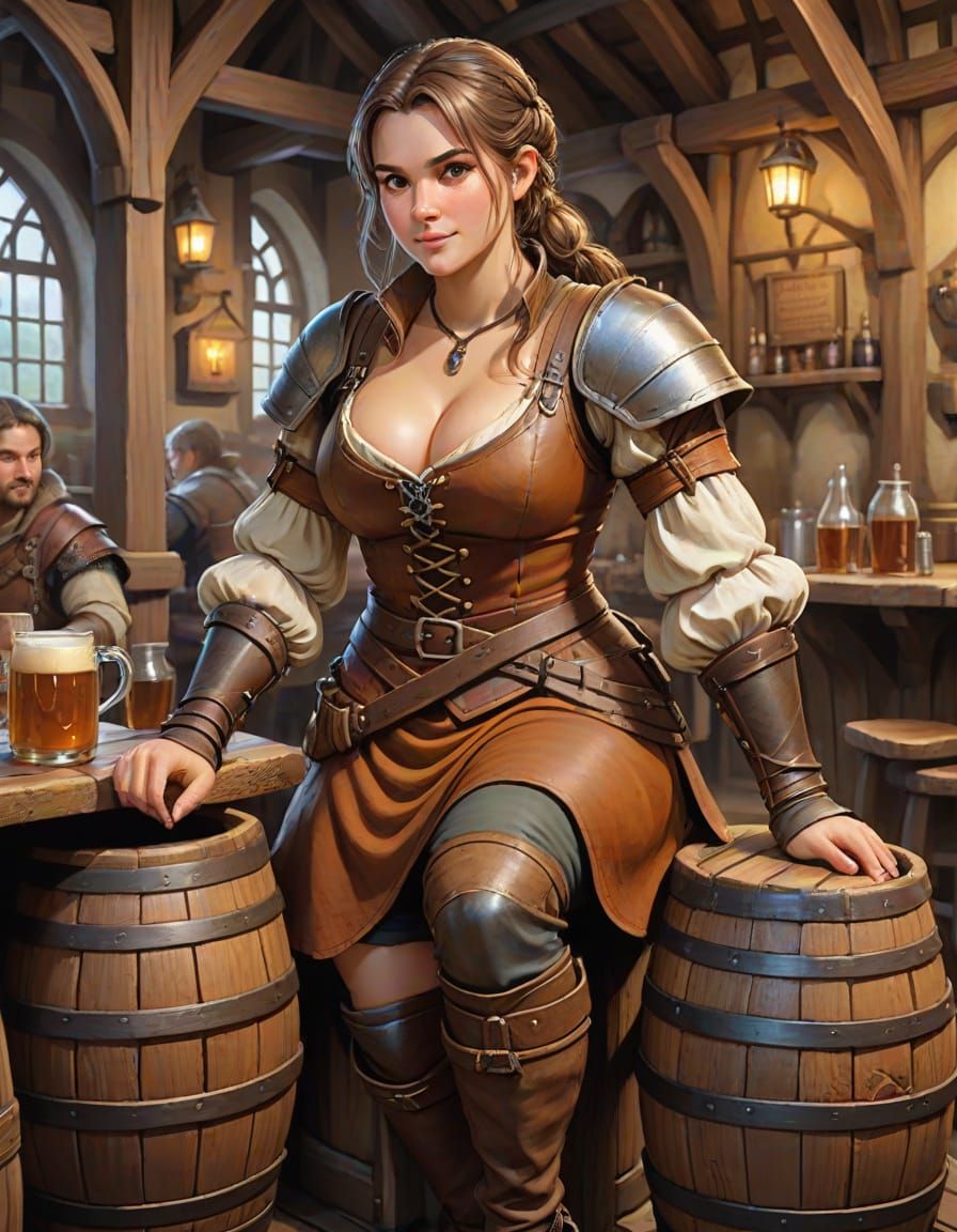 Adventurous Woman in Tavern, Medieval Scene