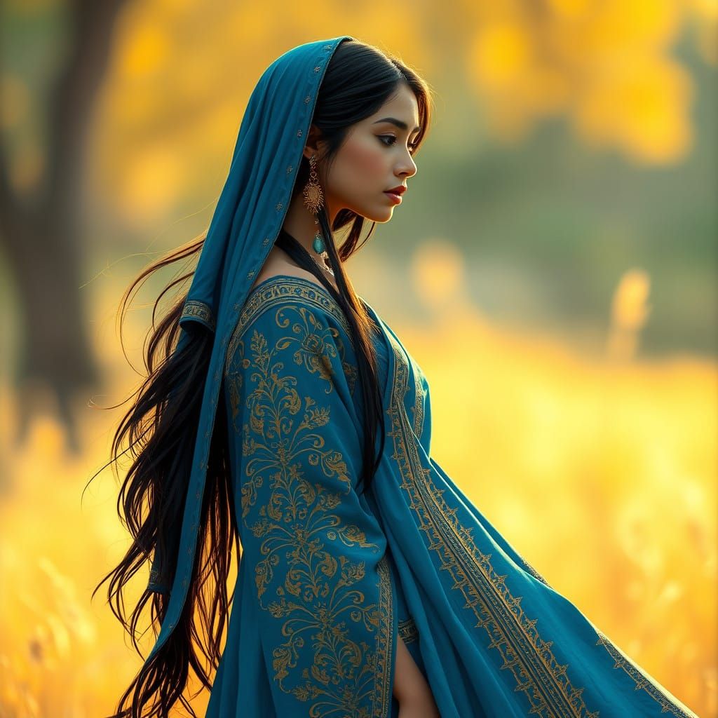 Ethereal Aztec Goddess in Traditional Blue Gown