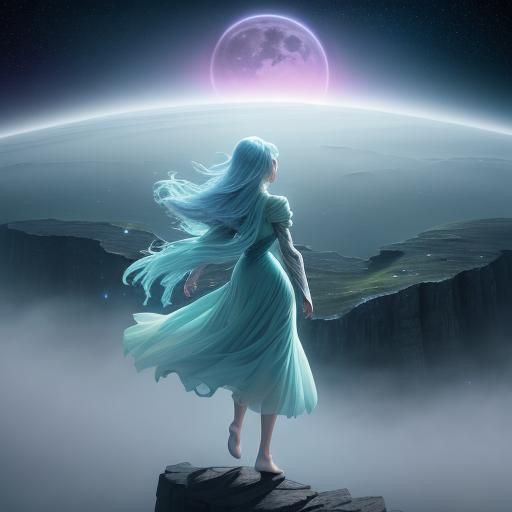 Ethereal Figure Gazing at Cosmic Expanse