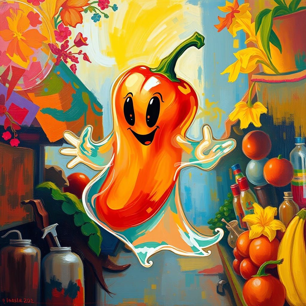 Vibrant Ghost Pepper in Fauvist Market Scene