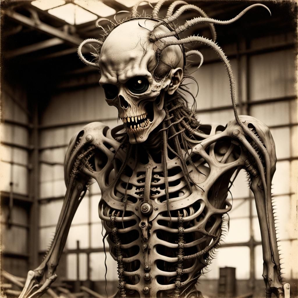 Repulsive Undead Biomechanical Humanoid in Sepia Photograph