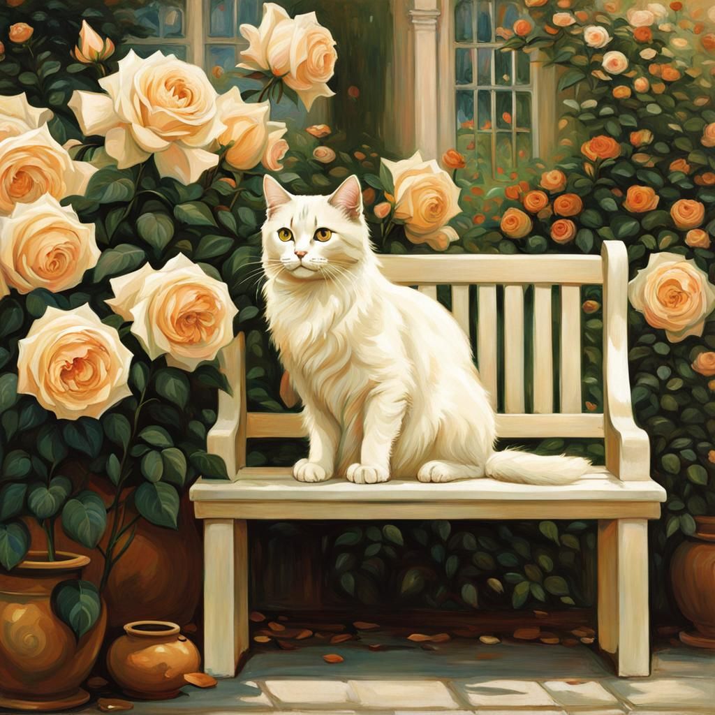 Cream Cat in Rose Garden, Waterhouse Anime Style