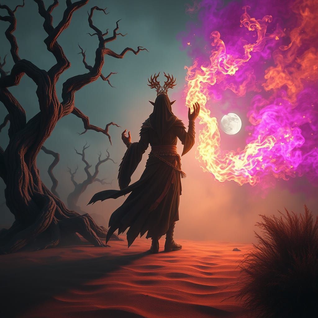 Mystifying Alchemist in Haunting Desert Landscape