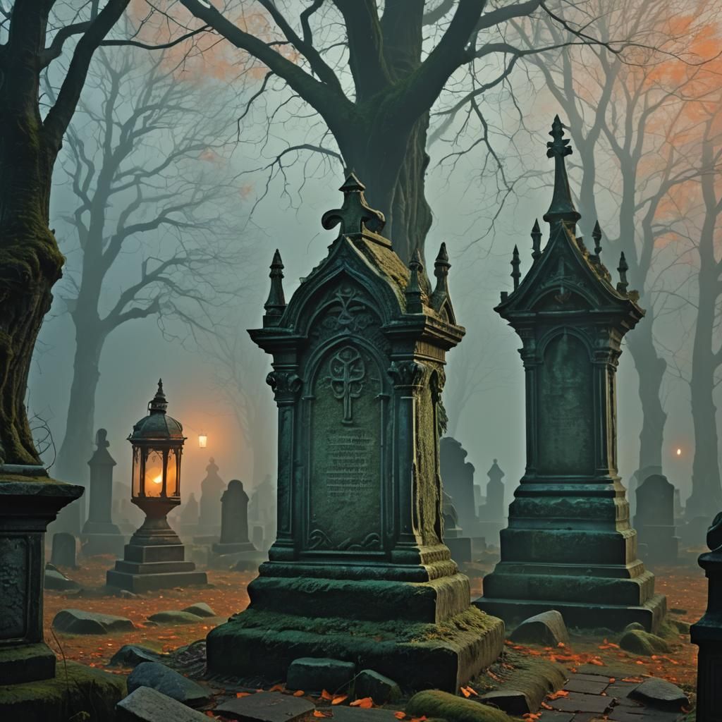 Fog-Shrouded Tombstone in Gothic Digital Painting