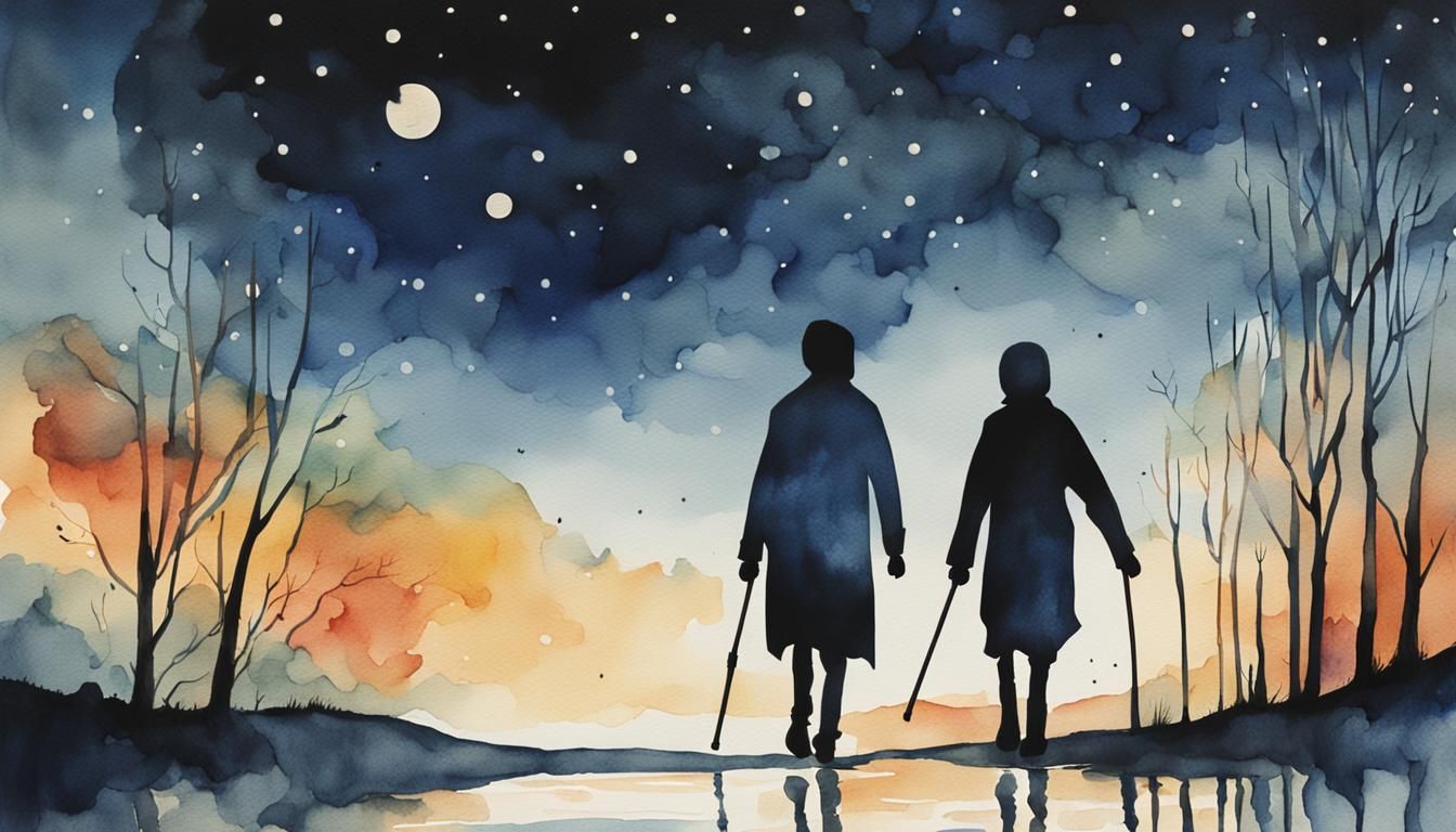 Moody Watercolor: Stick Figures Walking Under Night Sky