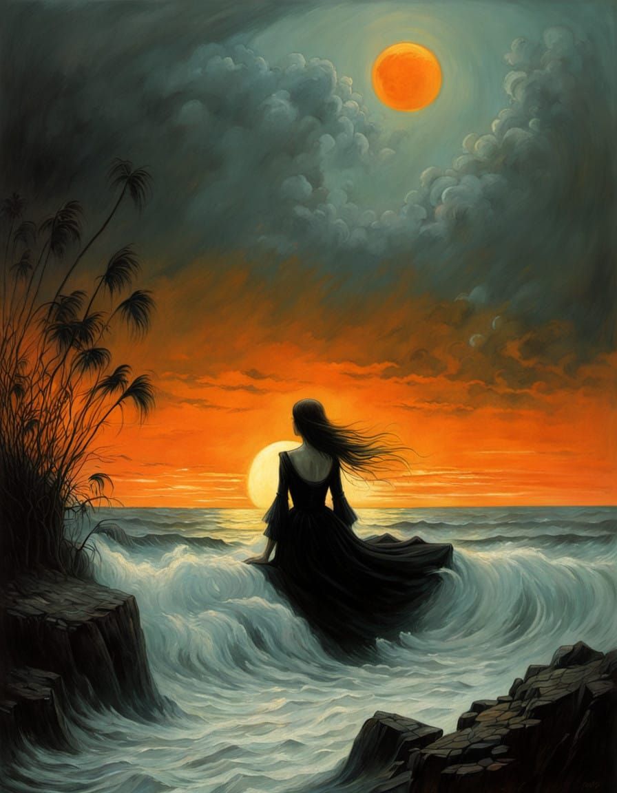 Serene Dark Fantasy Landscape with Contemplative Woman