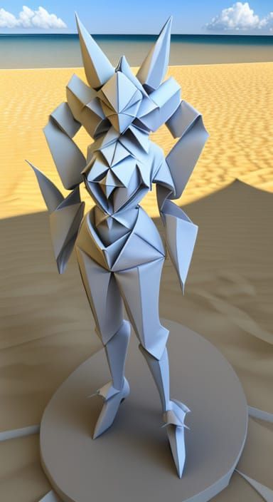 Symmetrical Lady in Cubist Origami Style, Beach Setting