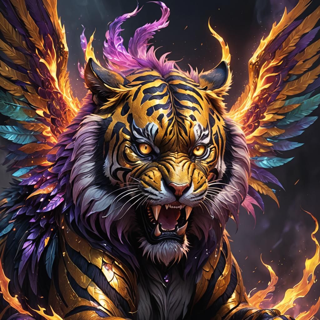 Winged Iridescent Tiger with Flaming Fur in Dark Fantasy Sty...