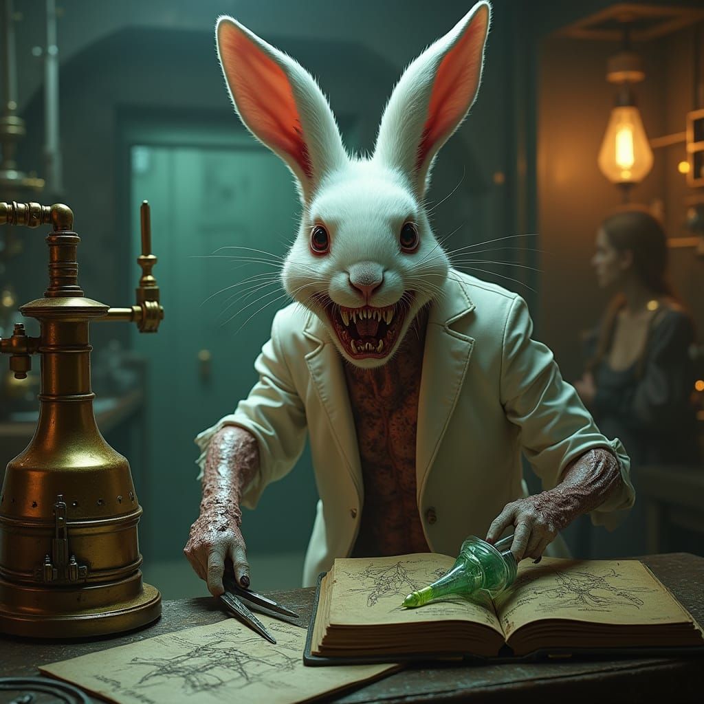 Rabbit-Human Hybrid Scientist in Victorian Laboratory
