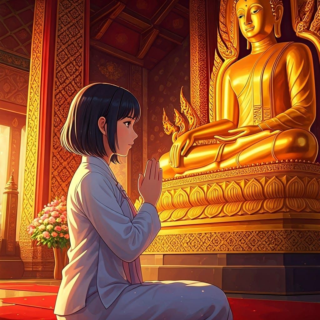 Anime Woman Praying at Golden Buddha Statue