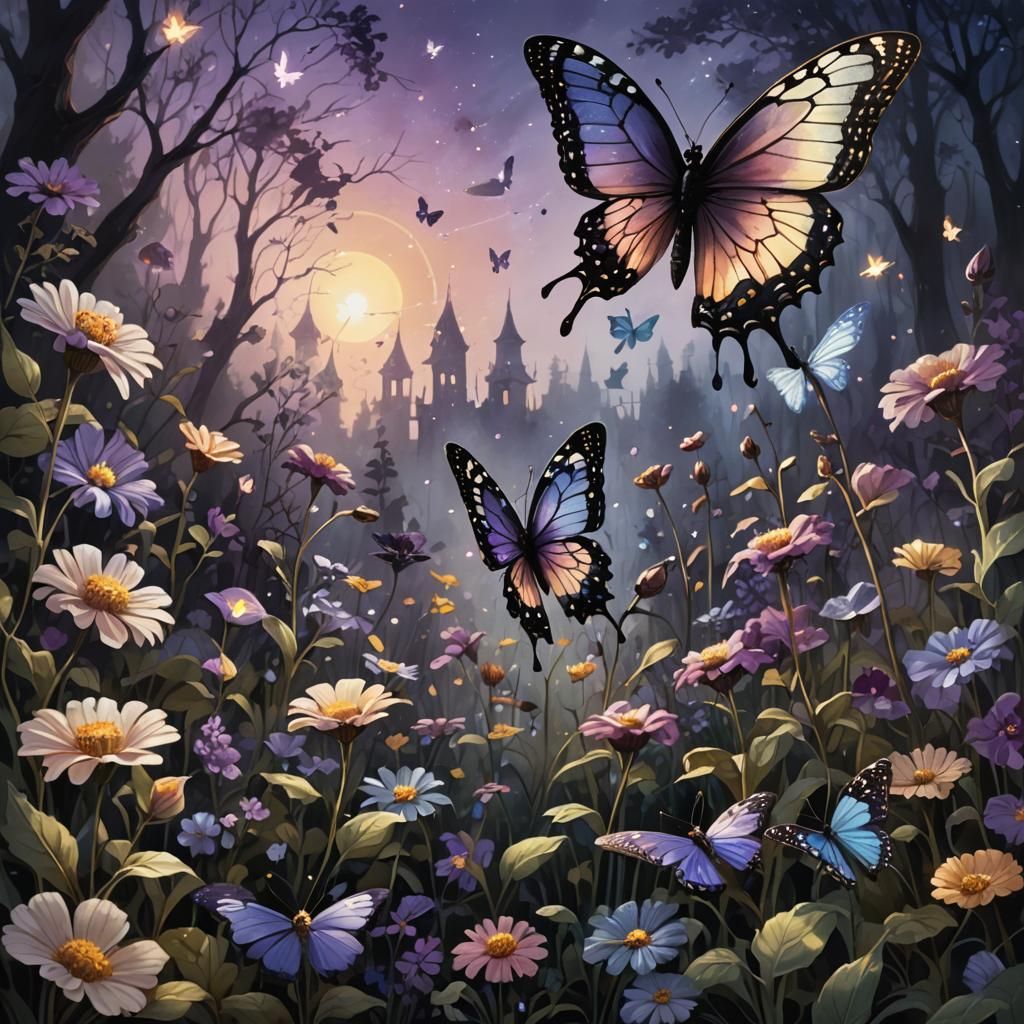 Crystal Butterfly in Dark Fantasy Flower Garden