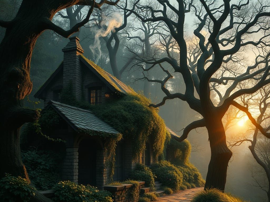 Ancient Stone Cottage in Dark Wood Scene