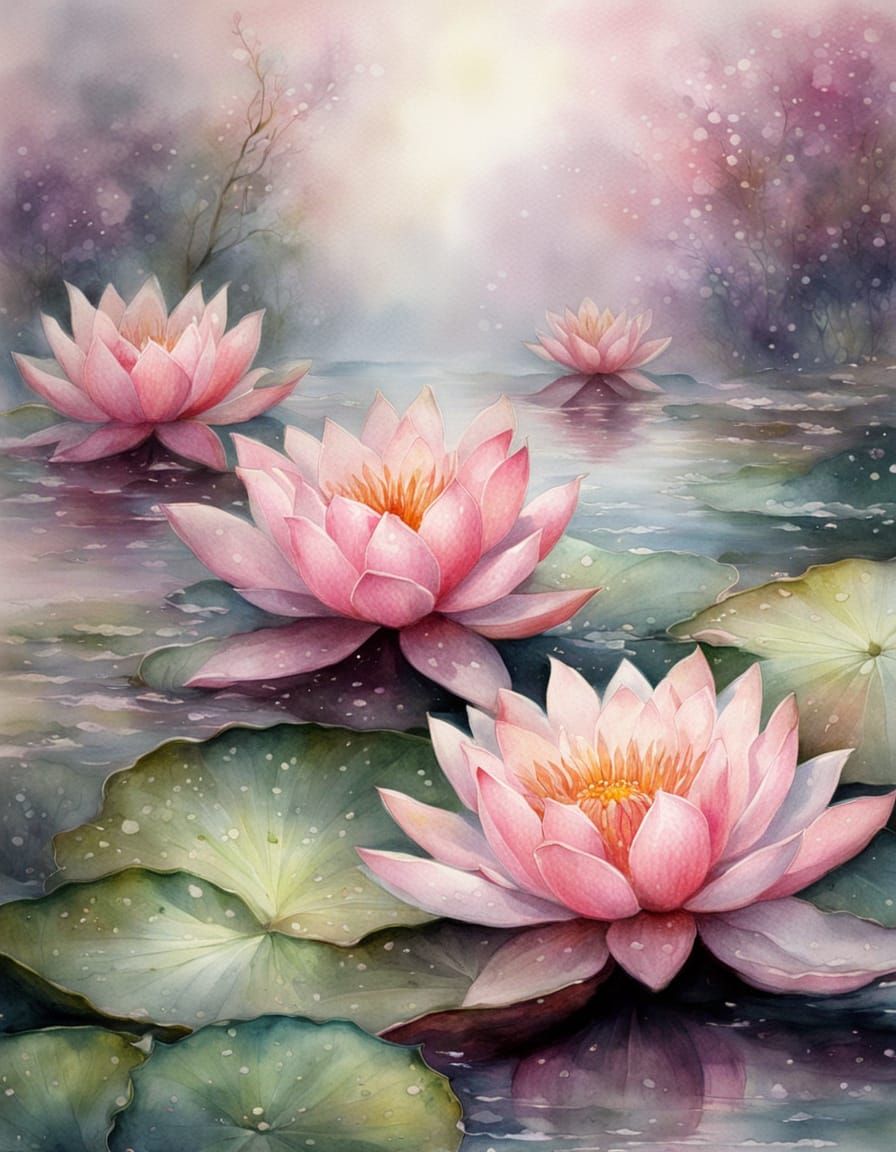 Ethereal Pink Water Lilies Macro Closeup