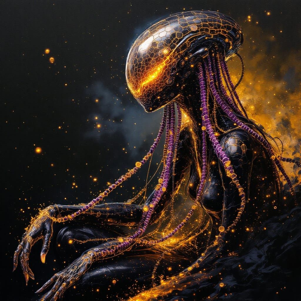 Alien Woman with Jellyfish Head and Circuitry Skin