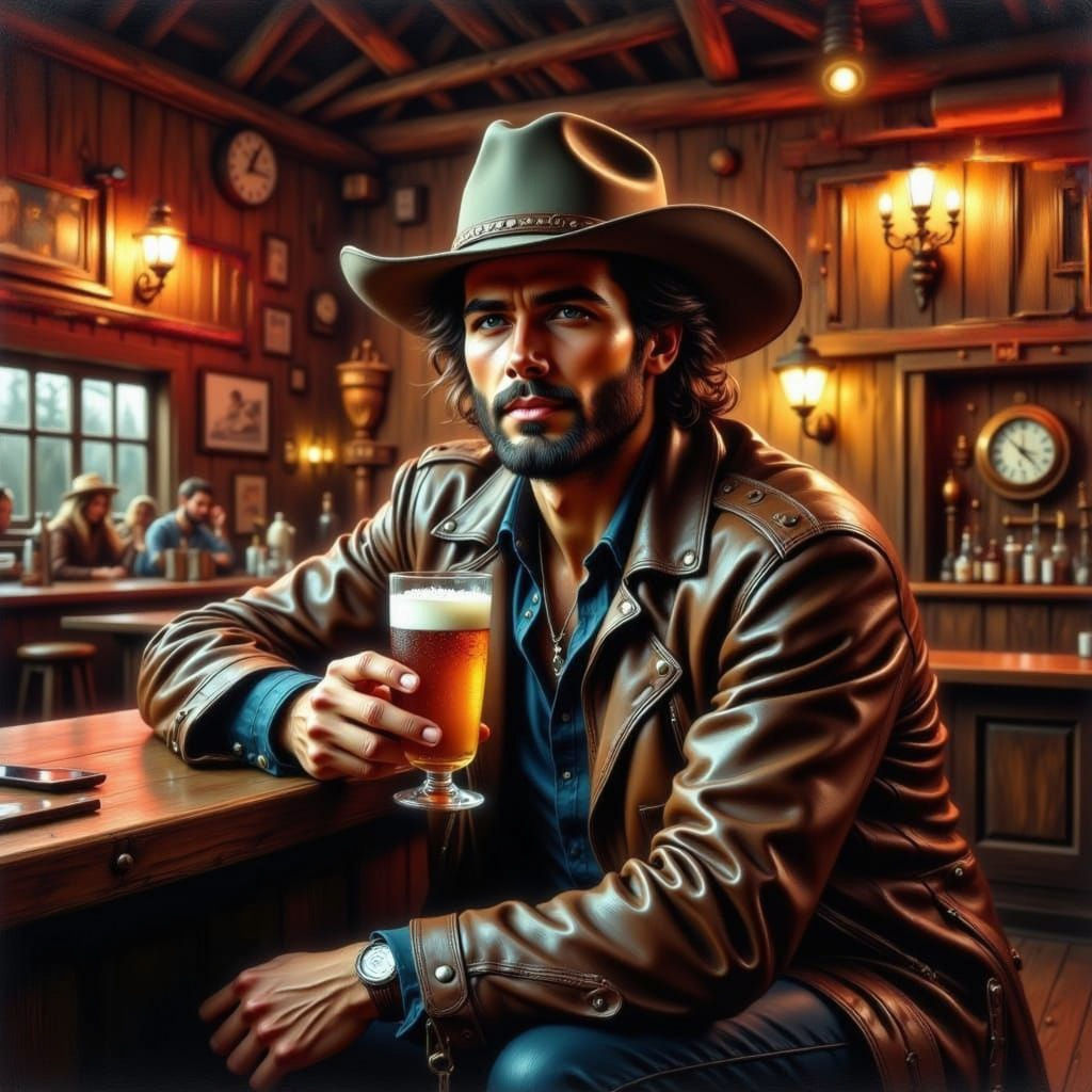 Rustic Cowboy Enjoying a Cold Beer at the Bar
