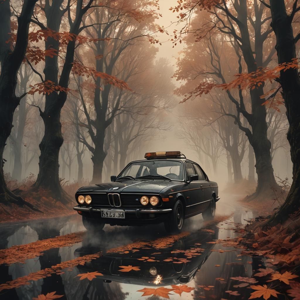Dystopian Cook Driving BMW in Autumn Fog