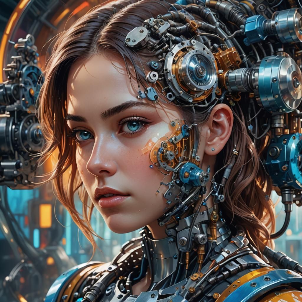 Woman with Glass Engine: Hyperrealistic Concept Art
