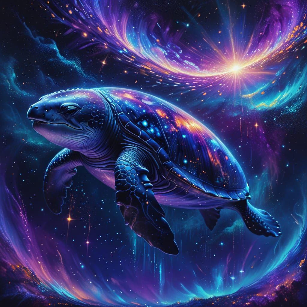 A cross between a whale and a turtle, swimming through the stars. Singing energetically. Epic and surreal.