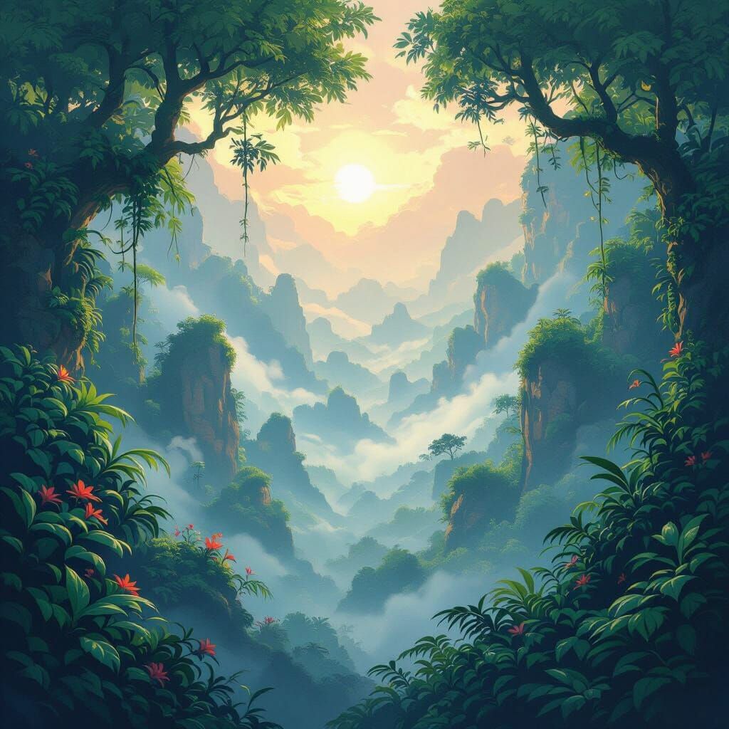 Serene Jungle Dawn Digital Painting in Studio Ghibli Style