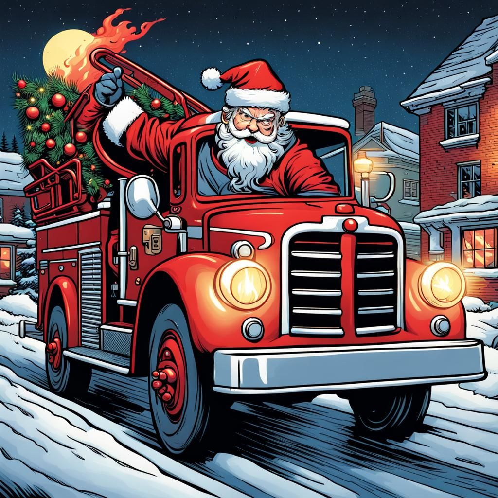 Santa Claus Rides a Firetruck: Comic Book Art