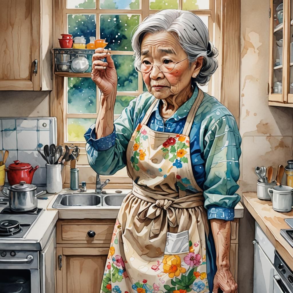 Chibi Older Woman in Kitchen: Watercolour Portrait