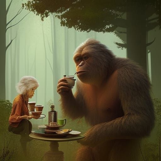 Bigfoot Tea Party: Hyperdetailed Digital Illustration