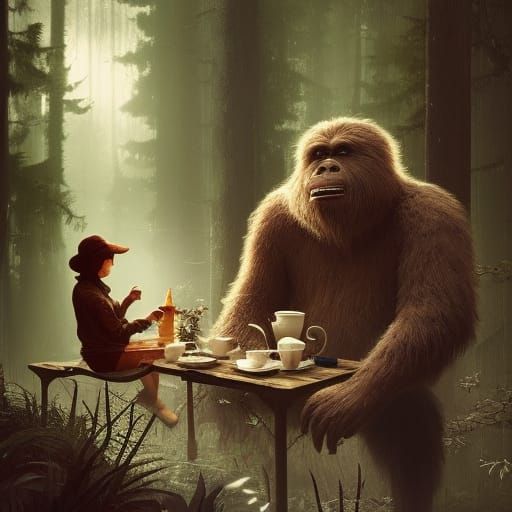 Bigfoot Tea Party: Hyperdetailed Digital Illustration