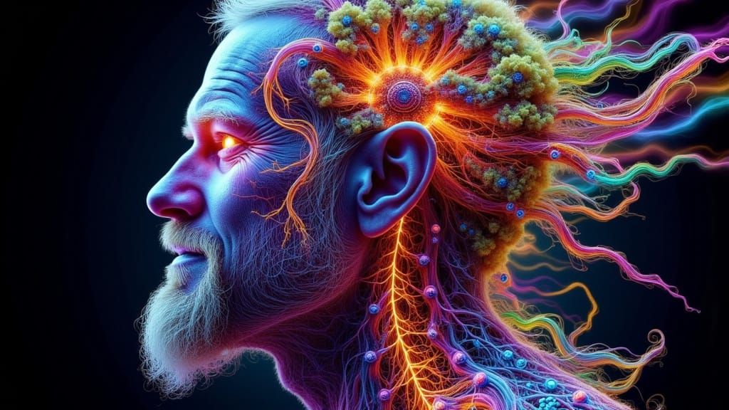 Fractal Faced Binary Man with Rainbow Lightning