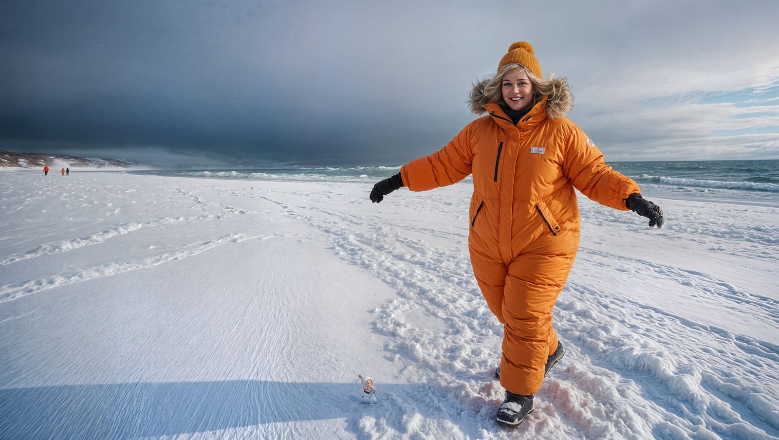 Woman in Orange Snowsuit on Arctic Beach