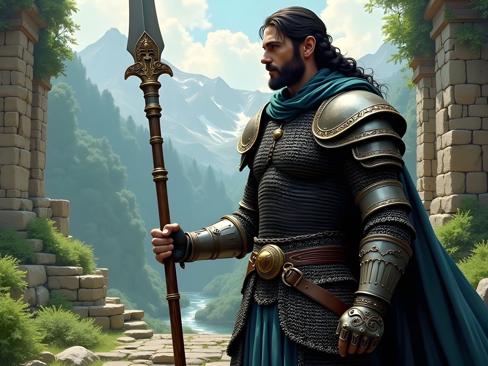 Paladin Standing Before Ancient Ruins in Vivid Color