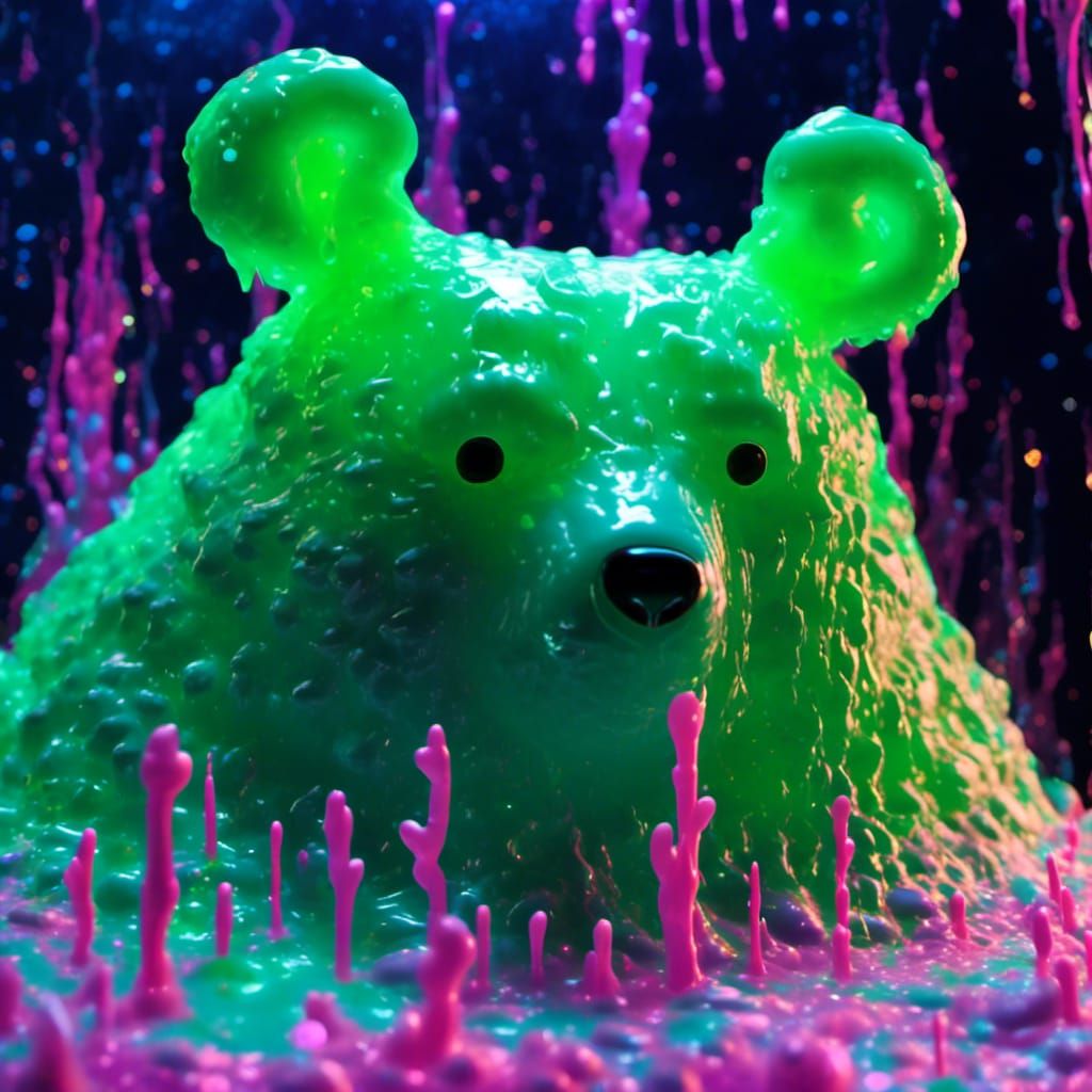 Bioluminescent Bear in Slime Spring: 3D Render