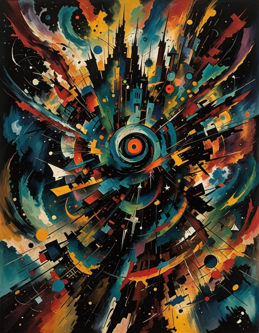 Abstract Futuristic Cityscape in Kandinsky Pollock Style