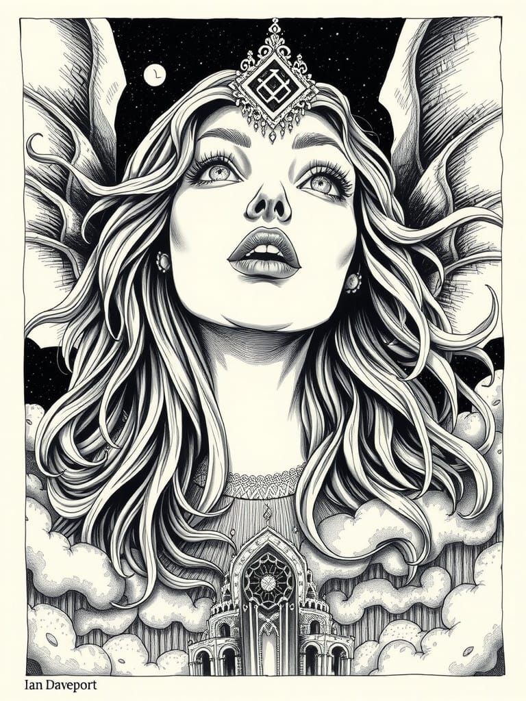 Portrait of aerial enchantress in a sky city. Dark fantasy p...