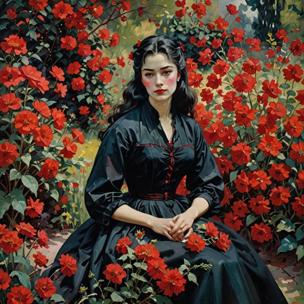 Elegant Woman in Red Garden, Romantic Realism