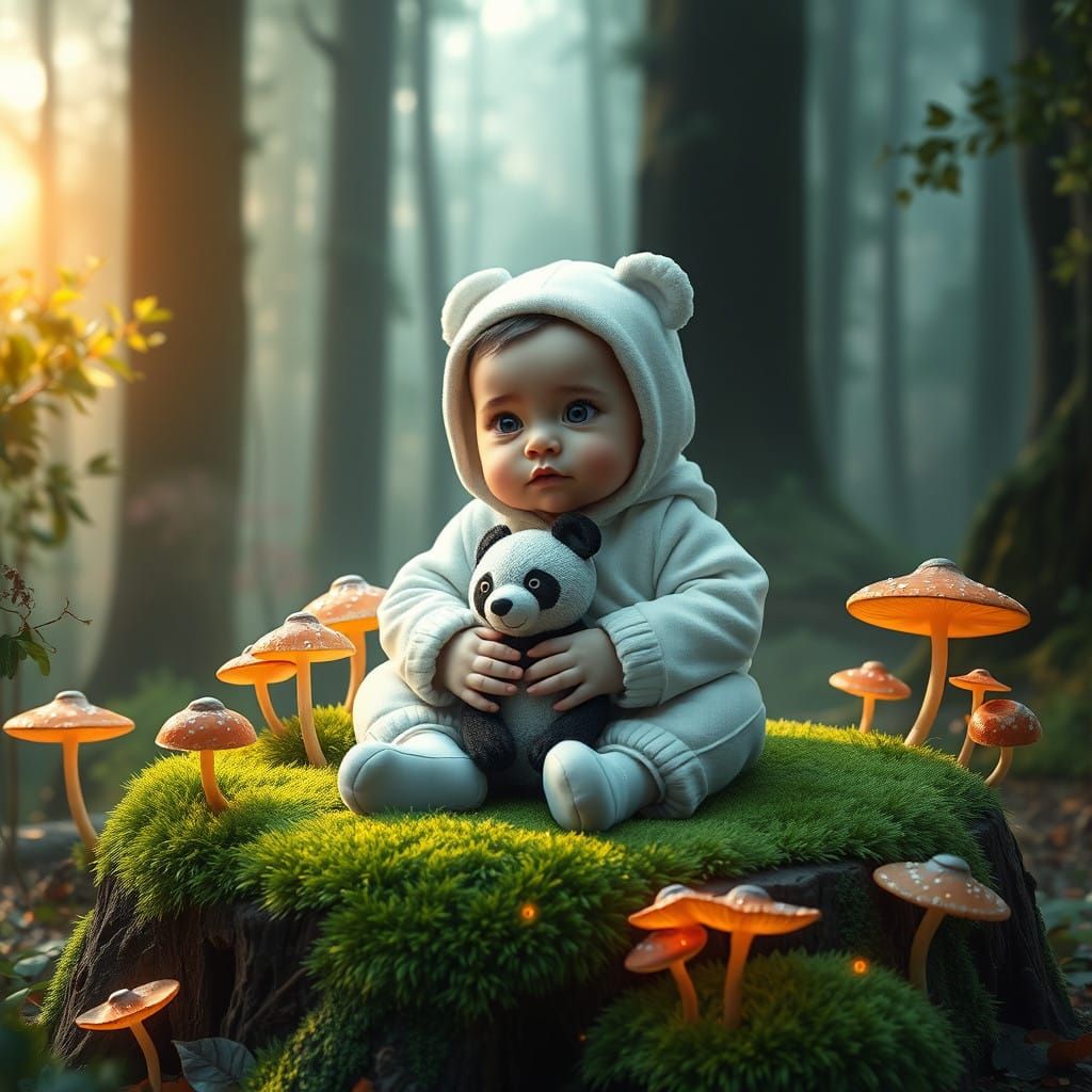 Cuddly Baby and Panda Friend Amidst Whimsical Forest Dreams