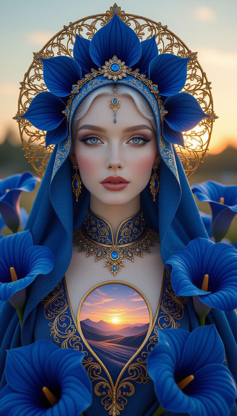 Regal Blue Goddess with Sunset Landscape