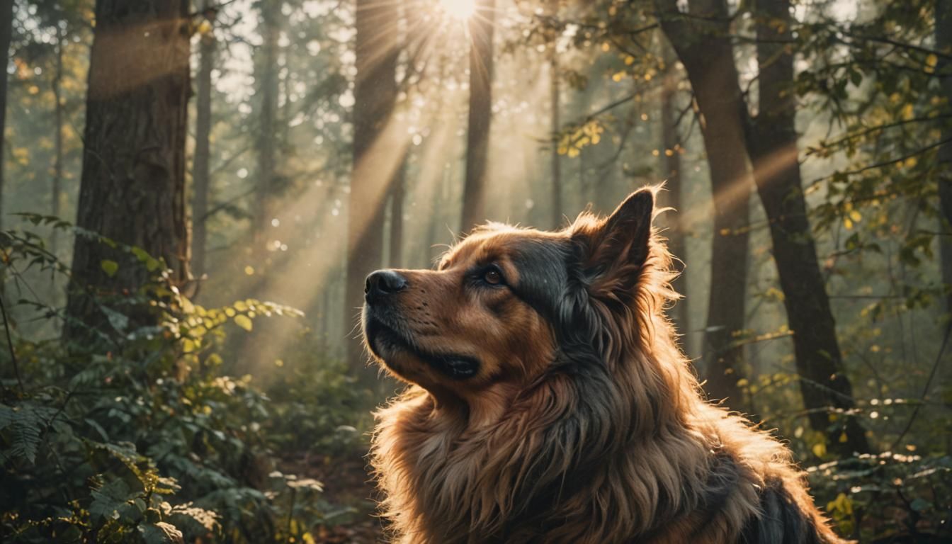 Regal Dog in Misty Forest: Cinematic Film Still