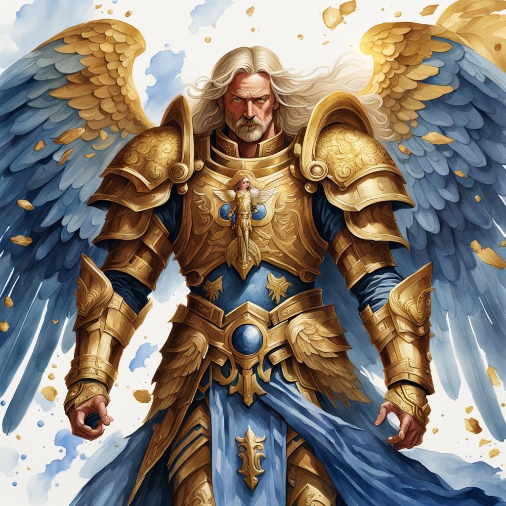 Golden Saint with Blue Wings in Watercolor