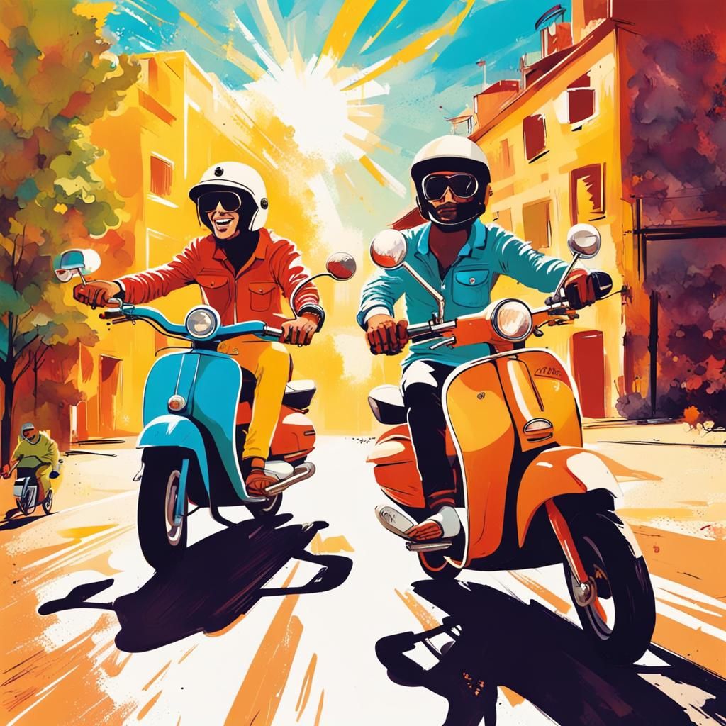 Friends Ride Mopeds in Graffiti Art Style